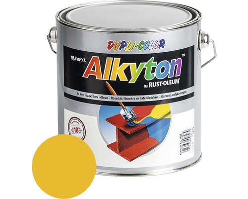 Farba na kov hrdzu i drevo DUPLI-COLOR Alkyton lesklá žltá horčičná 2,5 l Antikorózna farba Alkyton od spoločnosti Dupli Color v kovovej plechovke