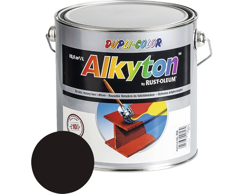 Farba na kov hrdzu i drevo DUPLI-COLOR Alkyton lesklá čokoládová hnedá 2,5 l Dupli Color Alkyton plechovka s lakom a vzorkou farby