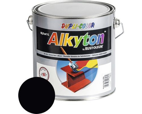 Farba na kov hrdzu i drevo DUPLI-COLOR Alkytón lesklá čierna RAL 9005 2,5 l Plechovka farby Dupli Color Alkyton s čiernym vzorom farby