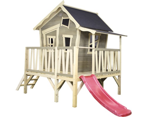 Drevený hrací domček so šmýkačkou do záhrady