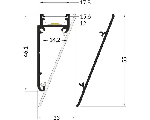 Technický nákres LED profilu s rozmermi.