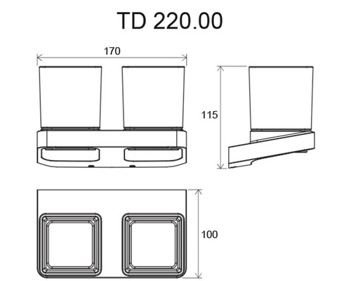 Technický výkres dvojitého držiaka na zubné kefky s rozmermi