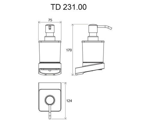 Technický nákres dávkovača mydla s rozmermi