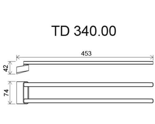 Technický výkres držiaka na uteráky s rozmermi 453, 42 a 74.