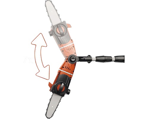 Nastaviteľná akumulátorová tyčová píla na údržbu stromov so šípkou zdôrazňujúcou flexibilitu nástroja