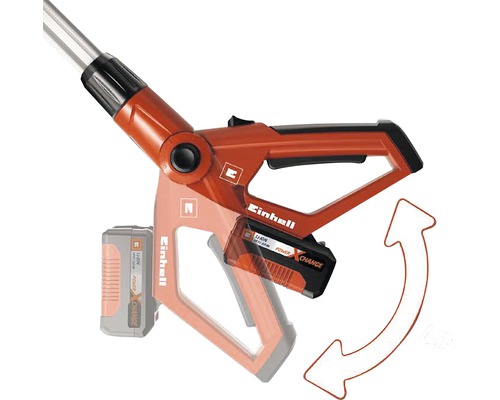 Logo Einhell. Zobrazenie otočnej batérie na záhradnom náradí.