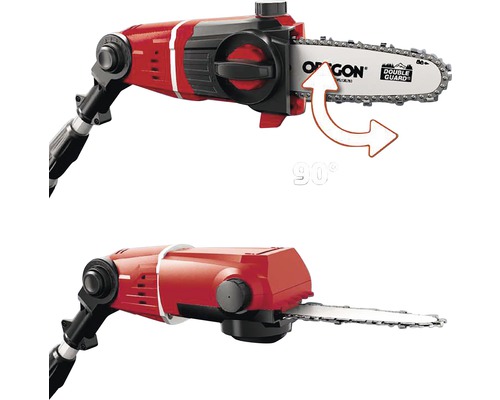 Dva pohľady na akumulátorovú tyčovú pílku s reznou hlavou otočnou o 90 stupňov.