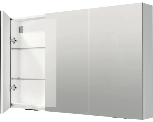 Zrkadlová skrinka s tromi dvierkami a sklenenými policami