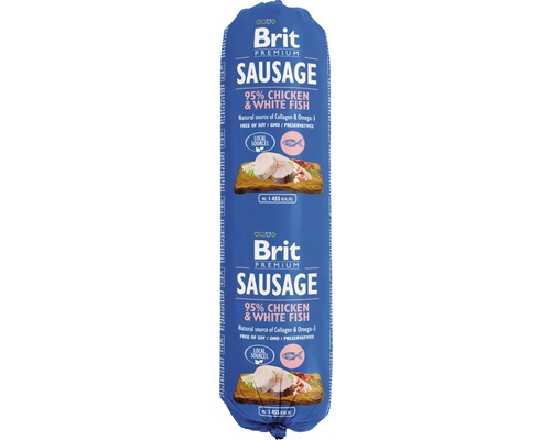 Maškrta pre psov Brit Premium Sausage Chicken & White Fish 800 g Brit Premium Sausage krmivo pre psov s 95 percentami kuraťa a bielej ryby v balení