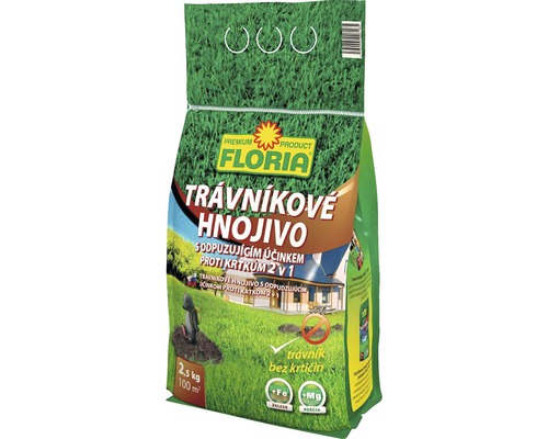 Trávnikové hnojivo s odpudzujúcimi účinkami proti krtom Agro 2,5 kg Balenie hnojiva na trávnik Floria s ochranou proti krtkom, 2,5 kg
