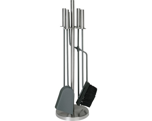 Kovová krbová súprava so stojanom, lopatou, metlou, kutáčom a kliešťami na čistenie a údržbu krbu