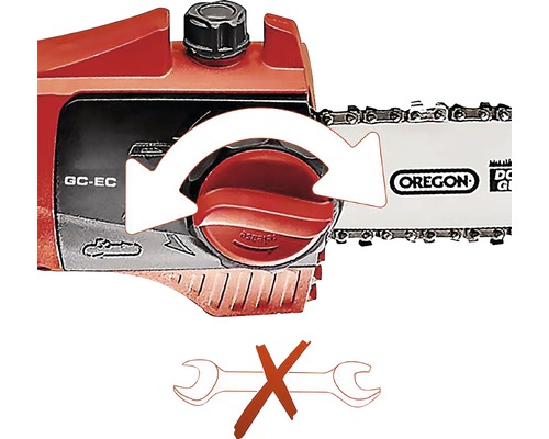 Napinák reťaze na reťazovej píle s označením, že nie je potrebné žiadne náradie