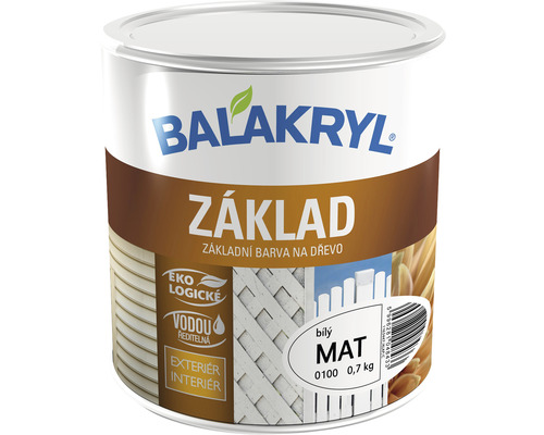 Farba základná Balakryl V2038/0100 biely mat 0,7 kg Balakryl základná farba na drevo, matná, 0,7 kg plechovka