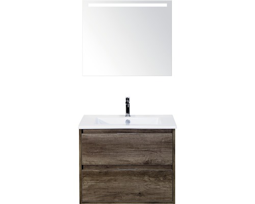 Kúpeľňová zostava Sanox Porto keramika zrkadlo 70 cm dub tmavý s LED Skrinka pod umývadlo so zrkadlom a dvoma zásuvkami