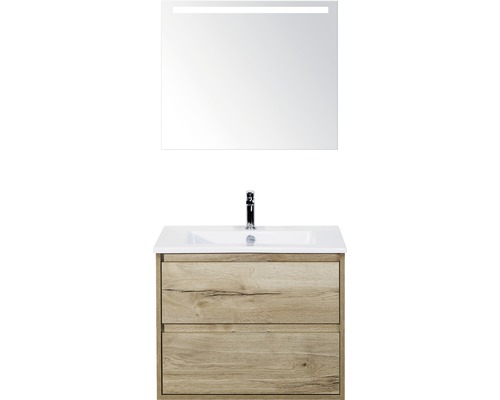 Kúpeľňová zostava Sanox Porto keramika zrkadlo 70 cm dub svetlý s LED Súprava kúpeľňového nábytku s umývadlom, skrinkou pod umývadlo a osvetleným zrkadlom do kúpeľne