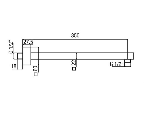 Technický nákres nástenného výtoku s rozmermi