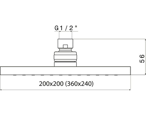 Technický nákres sprchovej hlavice s rozmermi 200 x 200 (360 x 240) milimetrov a s pripojením G 1/2 palca