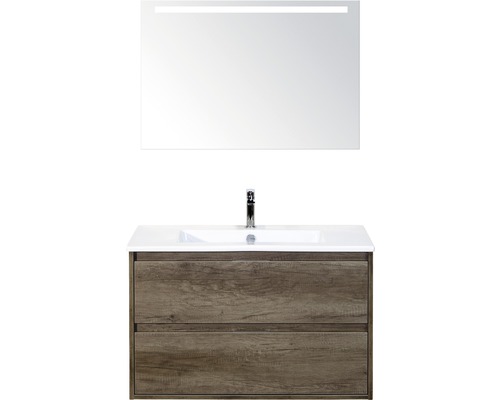 Kúpeľňová zostava Sanox Porto keramika zrkadlo 90 cm dub tmavý s LED
