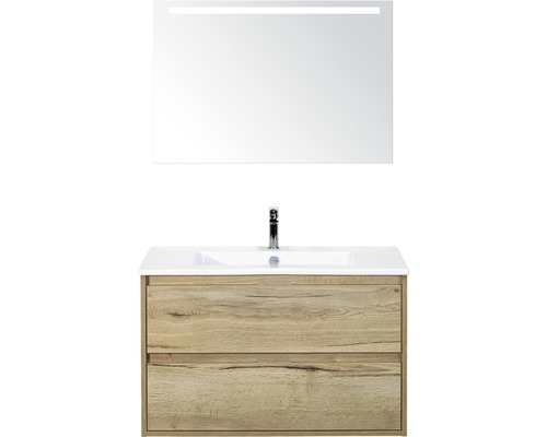 Kúpeľňová zostava Sanox Porto keramika zrkadlo 90 cm dub svetlý s LED