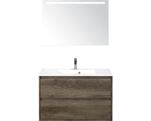 Kúpeľňová zostava Sanox Porto mramor zrkadlo 90 cm dub tmavý s LED