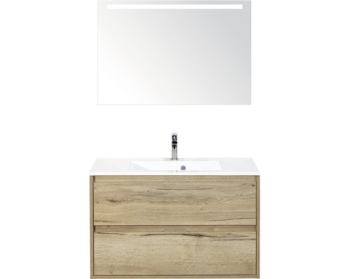 Kúpeľňová zostava Sanox Porto mramor zrkadlo 90 cm dub svetlý s LED