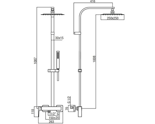 Technický nákres sprchovej batérie s rozmermi.