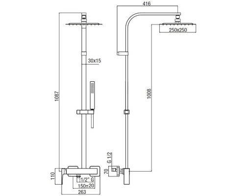 Technický nákres sprchového systému s rozmermi.