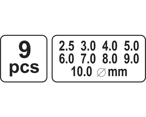 Sada 9 kusov s priemermi od 2,5 mm do 10 mm