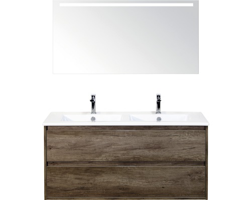 Kúpeľňová zostava Sanox Porto keramika zrkadlo 120 cm 2 zásuvky dub tmavý s LED Umývadlo s dvoma umývadlami, spodná skrinka s dvoma zásuvkami a zrkadlo s osvetlením