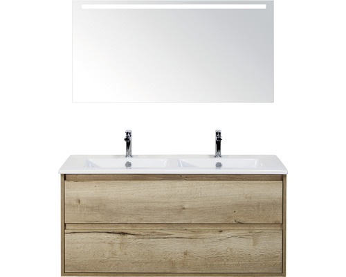 Kúpeľňová zostava Sanox Porto 120 cm keramika zrkadlo 2 zásuvky dub svetlý s LED Umývadlo s dvojitým umývadlom, spodnou skrinkou a zrkadlom s osvetlením