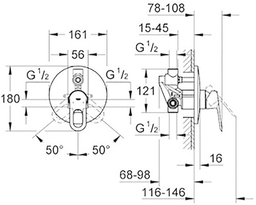 Technický výkres sprchovej batérie s rozmermi