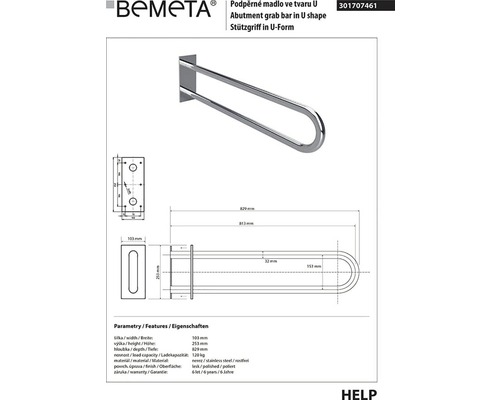 Bemeta podperné madlo v tvare U, rozmery a informácie o materiáli