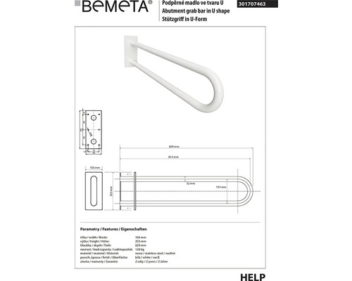 Bemeta podperné madlo v tvare U zobrazenie produktu s rozmermi