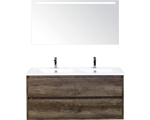 Kúpeľňová zostava Sanox Porto keramika zrkadlo 120 cm 4 zásuvky dub tmavý s LED Skrinka pod umývadlo s dvomi umývadlami, štyrmi zásuvkami a osvetleným zrkadlom