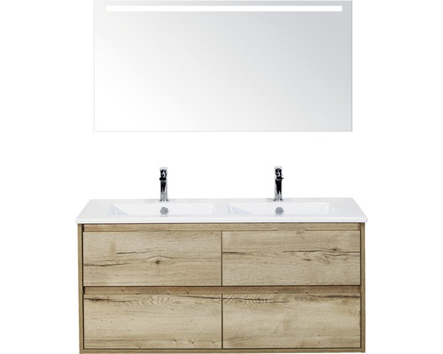 Kúpeľňová zostava Sanox Porto 120 cm keramika zrkadlo 4 zásuvky dub svetlý s LED Súprava kúpeľňového nábytku s dvojitým umývadlom, skrinkou pod umývadlo a zrkadlom s osvetlením