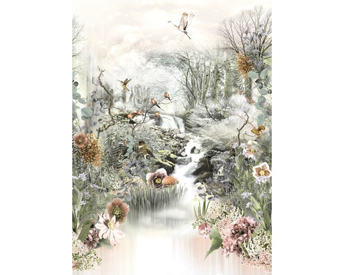Dekoratívny lesný motív s vodopádom, vtákmi a kvetinami
