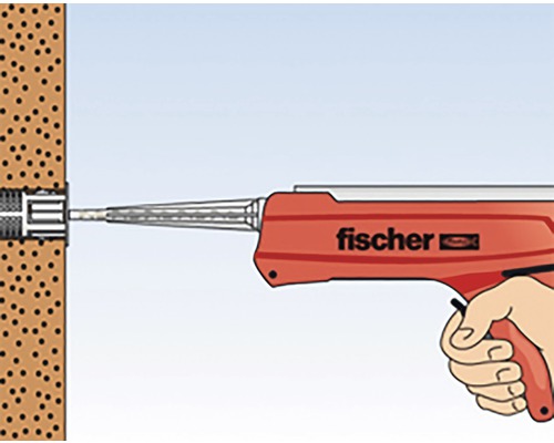 Ilustrácia injekčnej pištole s tryskou zasunutou do steny. Logo Fischer.