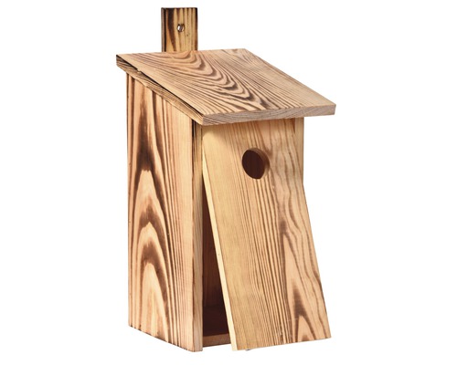 Drevená vtáčia búdka s odnímateľnou prednou stranou a okrúhlym vchodovým otvorom