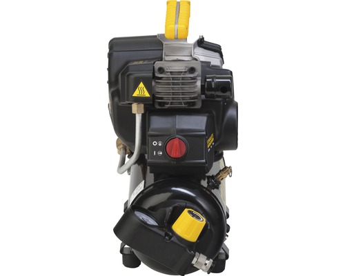 Čierny vzduchový kompresor s manometrom a červeným gombíkom