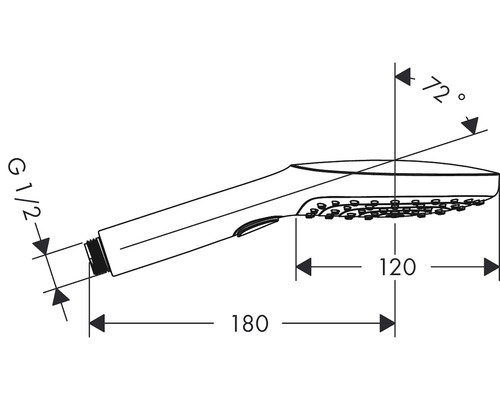 Technický nákres ručnej sprchovej hlavice s rozmermi