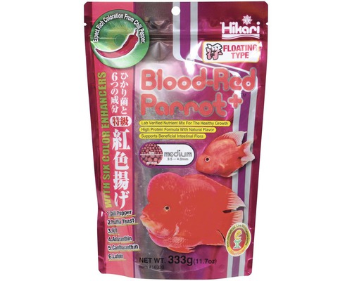 Granulované krmivo pre ryby Hikari Blood-Red Parrot Plus Medium 333 g Krmivo pre ryby Hikari Blood-Red Parrot+, balenie 333 gramov