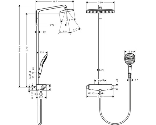 Technický nákres sprchového systému s hlavovou a ručnou sprchou s rozmermi