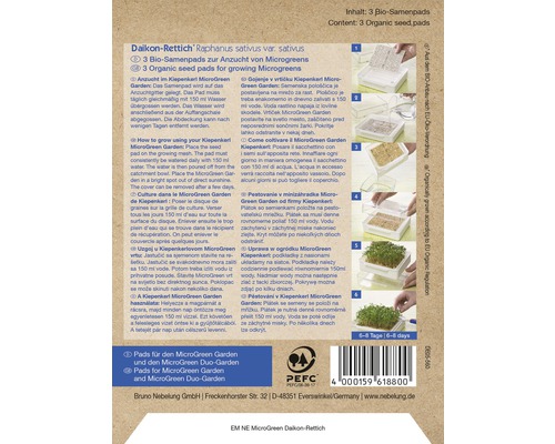 Sada na pestovanie mikrozeleniny reďkovky Daikon s tromi bio semienkovými podložkami a návodom v šiestich krokoch