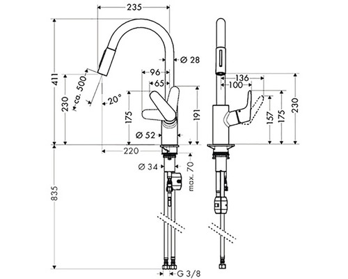 Rozmery kuchynskej batérie s výsuvnou sprchou