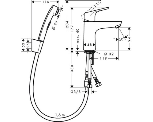 Technický nákres umývadlovej batérie so sprchovou súpravou a rozmermi