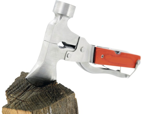 Multifunkčný nástroj s kladivom, sekerou a kliešťami v drevenom bloku