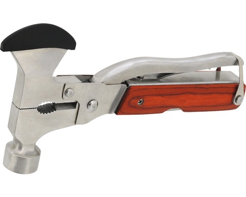 Multifunkčný nástroj s hlavou kladiva, kliešťami, pákou a drevenou rukoväťou