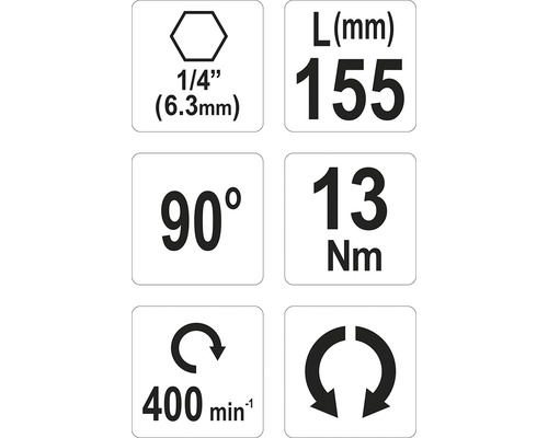 Technické údaje: šesťhran 6,3 mm, dĺžka 155 mm, uhol 90 stupňov, krútiaci moment 13 Newtonmetrov, 400 otáčok za minútu
