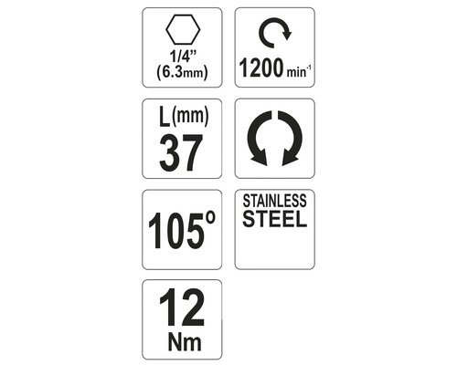 Technické špecifikácie: 6,3 mm šesťhranný držiak, 1200 otáčok za minútu, dĺžka 37 mm, uhol 105 stupňov, 12 Newton metrov, nehrdzavejúca oceľ