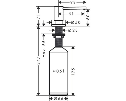 Technický výkres dávkovača mydla s rozmermi